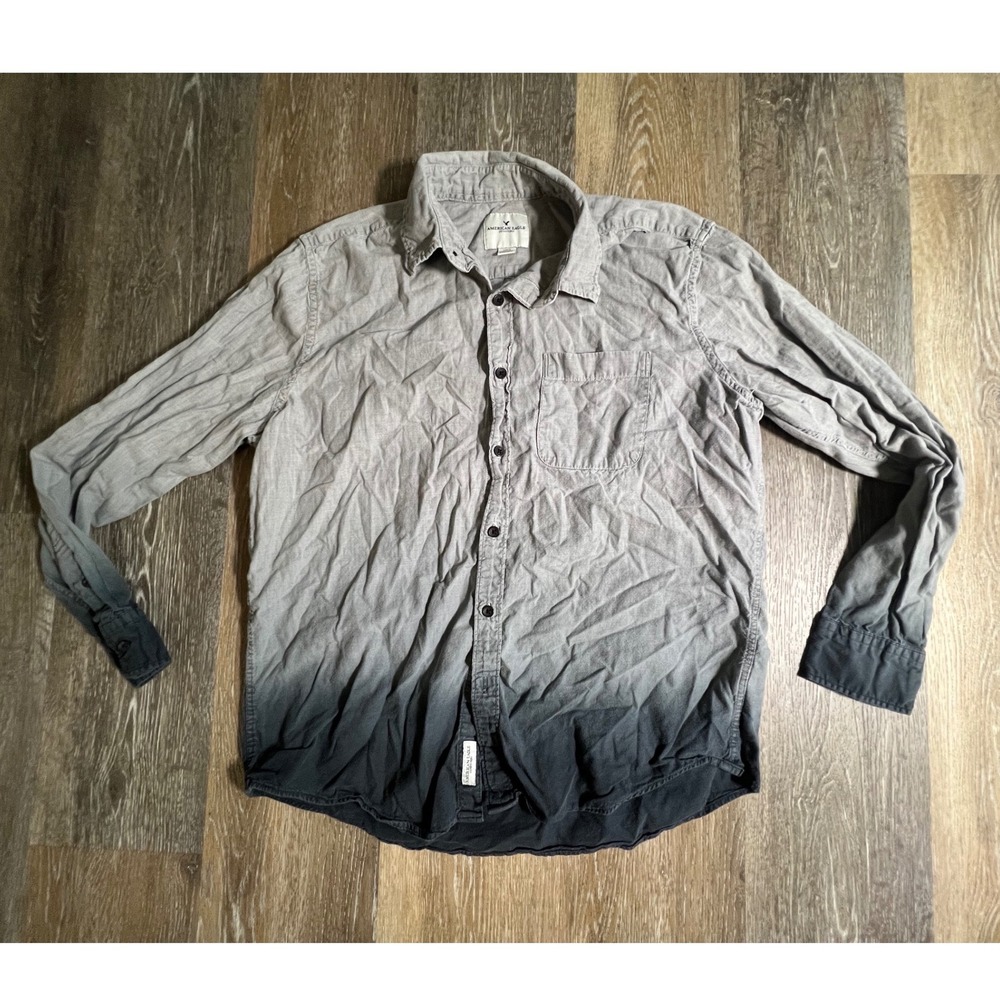 American Eagle Button Down Shirt Mens Large Grey Dip Dye Long Sleeve Cotton